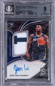 2019-20 Panini Spectra Wave Rookie Jersey Autographs #181 Zion Williamson Signed Patch Jersey Patch Rookie Card (#24/39) - BGS MINT 9/BGS 10